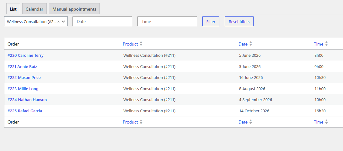 List view of upcoming appointments for detailed management.