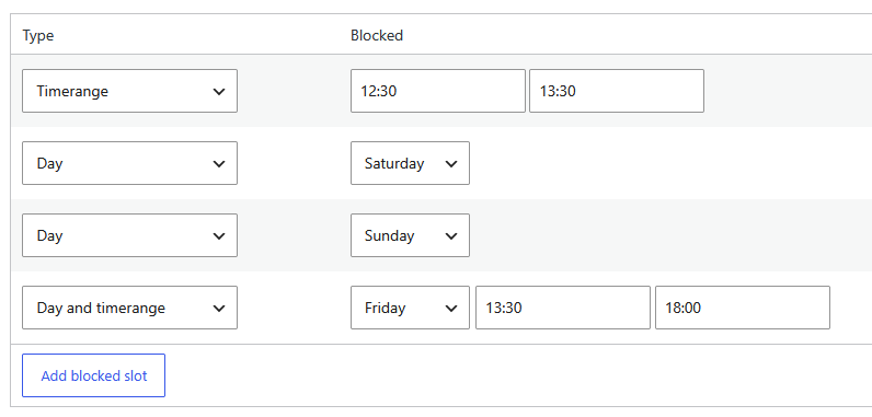 Blocked slots preventing appointments for specific dates and times.